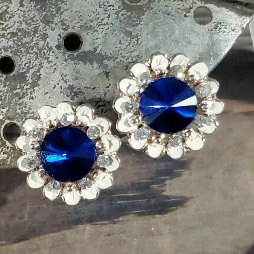 Sapphire Blue Lady Di Style Austrian Rivoli Crystal Earrings